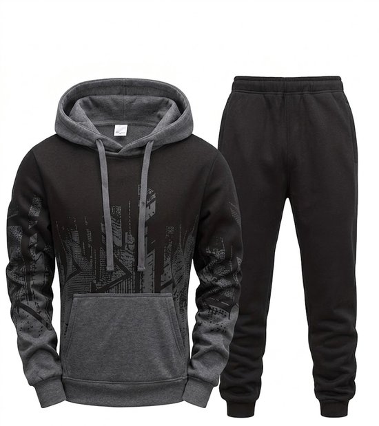 Zwart en grijs trainingspak met hoodie met skylineprint en joggingbroek.