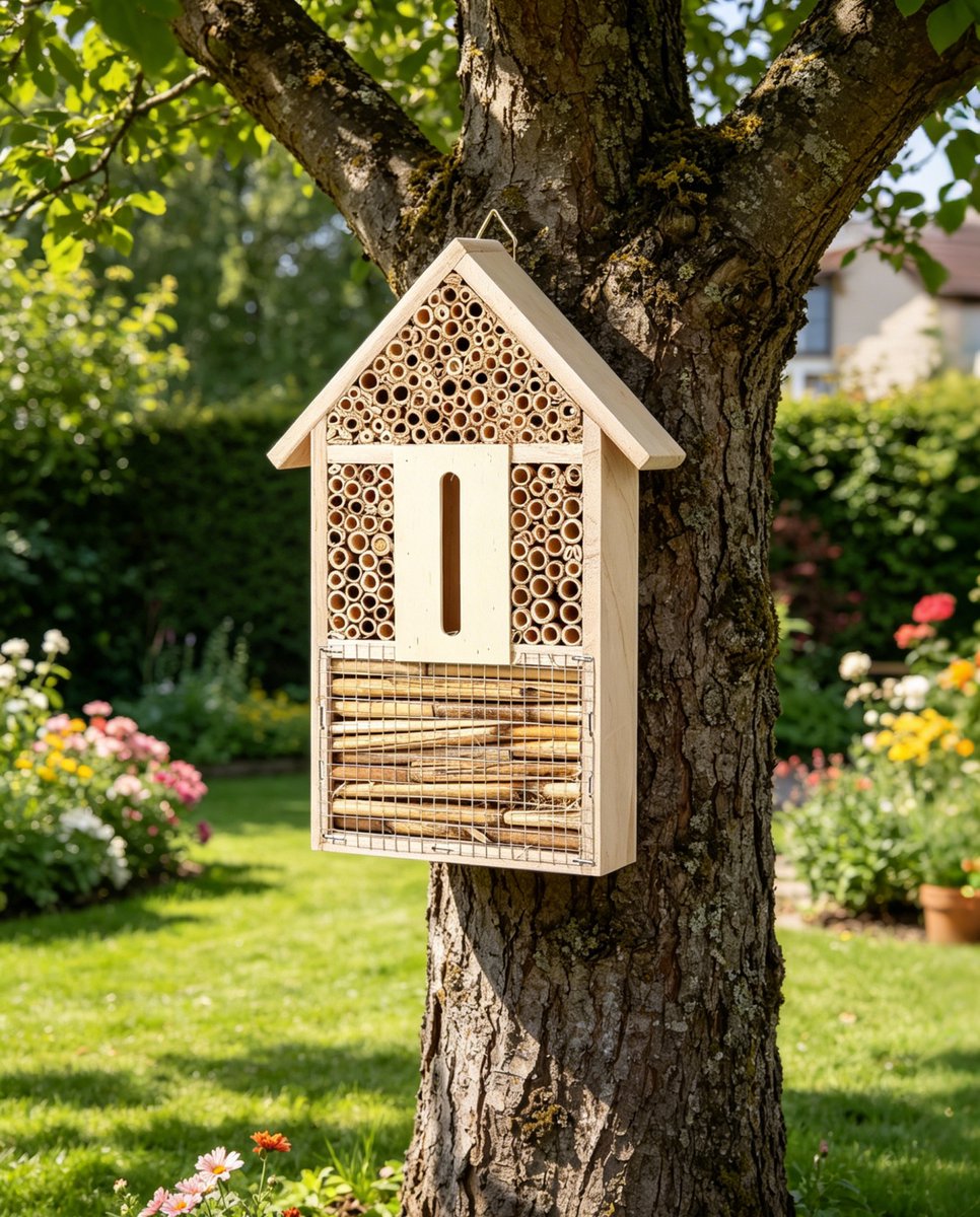 Bijenhotel van Natuurlijk Hout - Insectenhotel voor Wilde Bijen en Nuttige Insecten - Tuindecoratie 30 x 20 x 4 cm