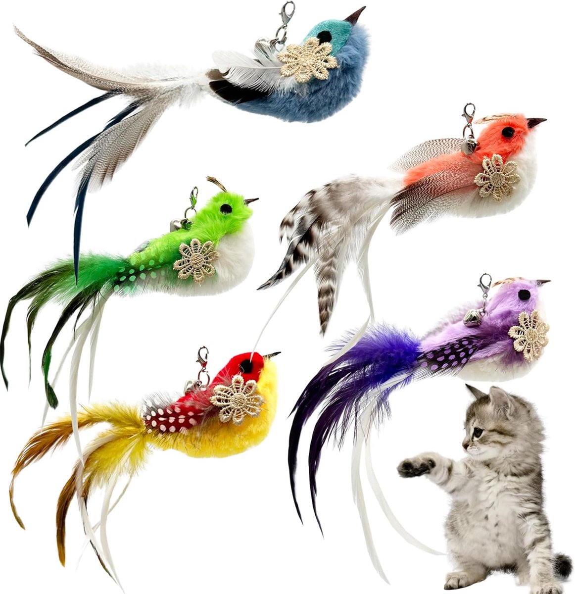 Kattenveren Vullingen - Speelgoed Vervanging - Stimuleer Jachtinstinct - Natuurlijke Materialen - 5 Stuks - Multicolor