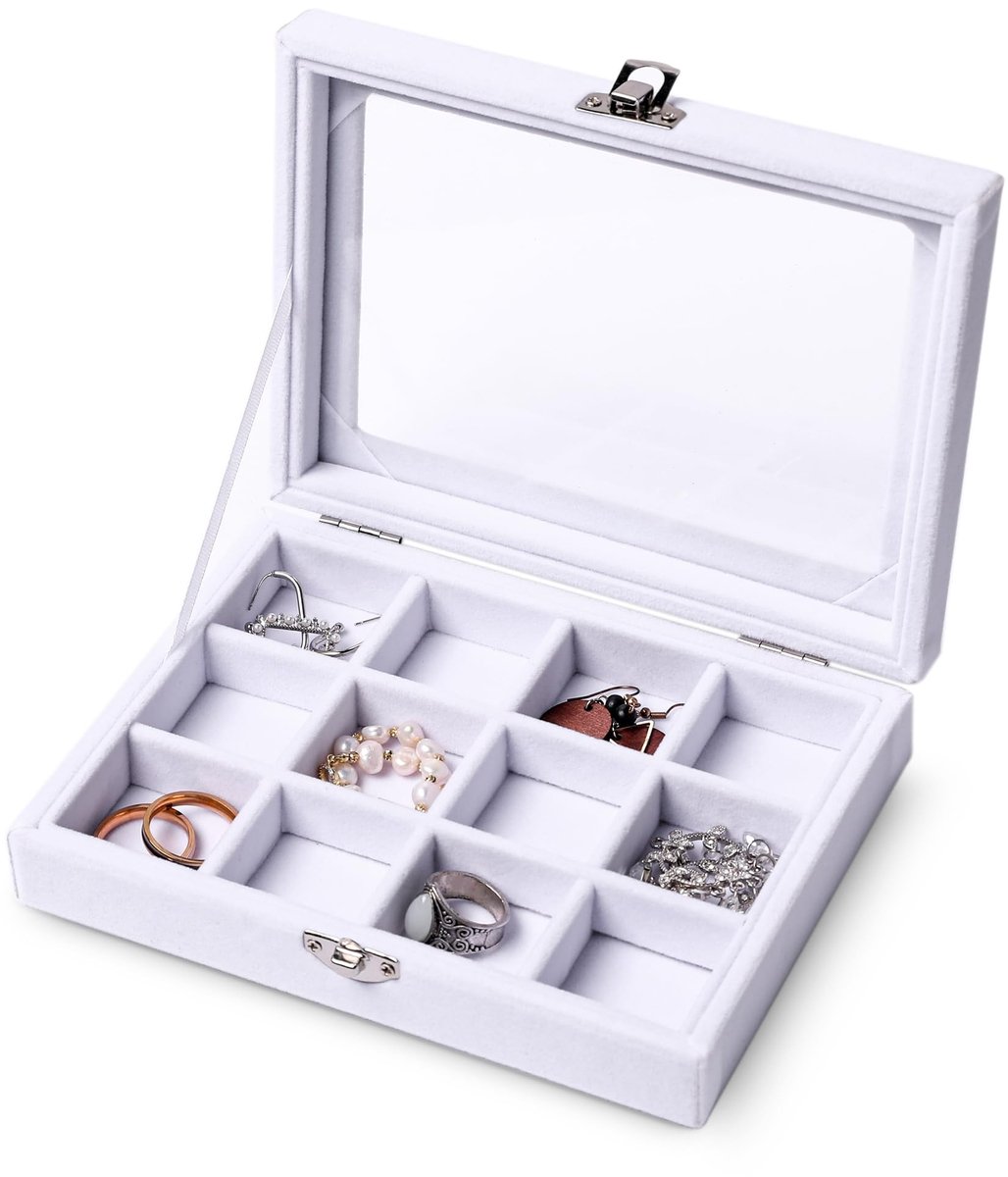 Dailygoods- Sieradenorganizer met transparant deksel - Sieradendoos - Sieradenrek - Fluwelen lade-inzetstuk - 12 vakjes - Hoogwaardig materiaal