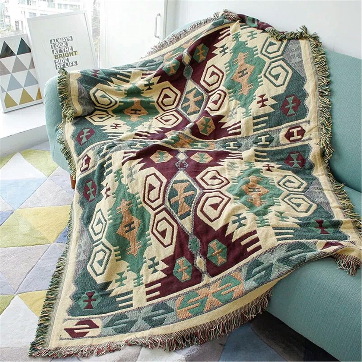 Plaid Plaid - Sprei Bankkleed - Gezelligheid Thuis - Marokkaans Geometric Patroon - 180 x 340 cm - Groen Geel
