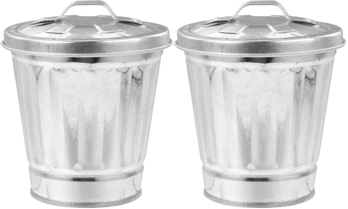 Dailygoods- Afvalemmer Compact 2 Stuks - Galvaniseerd Ijzeren Afvalbak - Mini Afvalemmer - Afvalcontainer met Deksel - 11 x 9.7 x 9.7 cm - Duurzaam en Decoratief - Mini Prullenbak