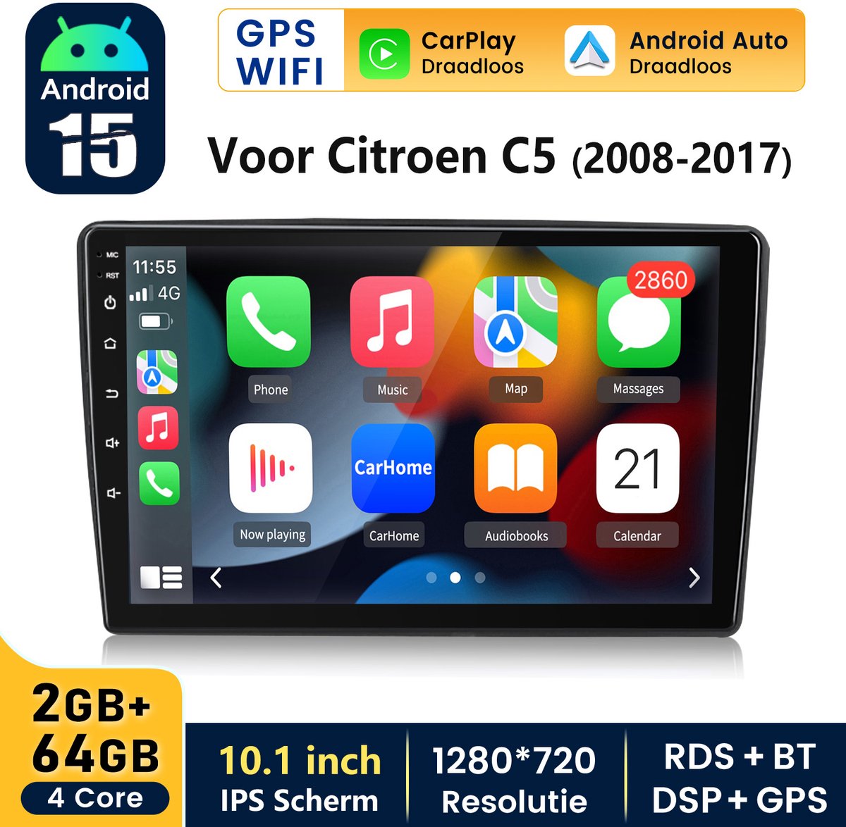 HexinexMarket - 10.1" Autoradio Geschikt Voor Citroen C5 (2008- 2017) - Draadloos CarPlay Android Auto multimediaspeler GPS Navi - 2GB+64GB