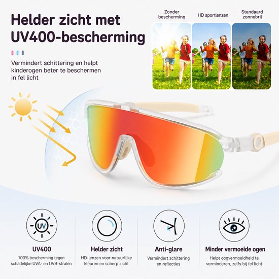 Kindersporbril met rood-oranje spiegelglas en doorzichtig montuur. Met bescherming tegen UV400 straling en anti-glare functie.