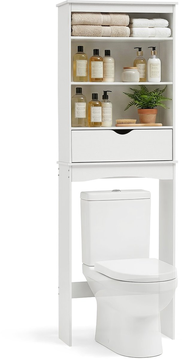 HOKEEPER toiletrek - wc kast - badkamerrek over toilet - badkamerkast smal met 3 planken en lade - vrijstaande badkamer opbergkast - wit - 54 x 23 x 168 cm