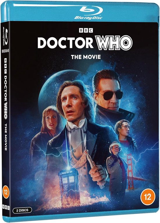 Doctor Who: The Movie Blu-ray hoesafbeelding met de Doctor, de TARDIS en de Golden Gate Bridge.