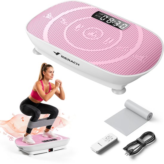 MERACH Vibratieplaat voor Afvallen - 10 Snelheden Handmatige Modus - Met Yoga Weerstandsband, Bluetooth Verbinding, Stil ≤65dB en Afstandsbediening - Roze