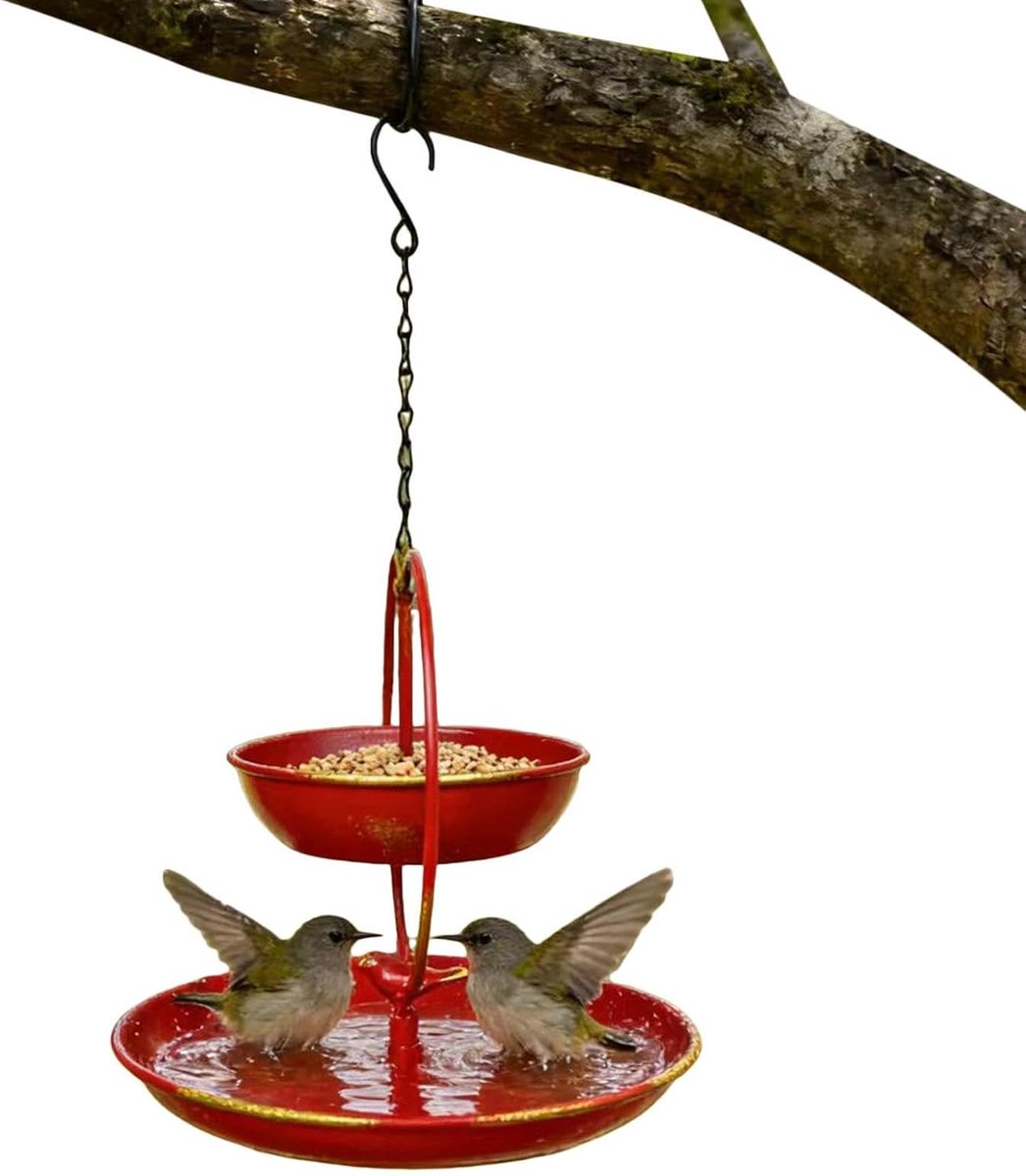 Vogelbad Tuin - Vogelvoederhuis - Vogels Voeren - Dubbel Laags Antiek - 20x20x40 cm - Rood