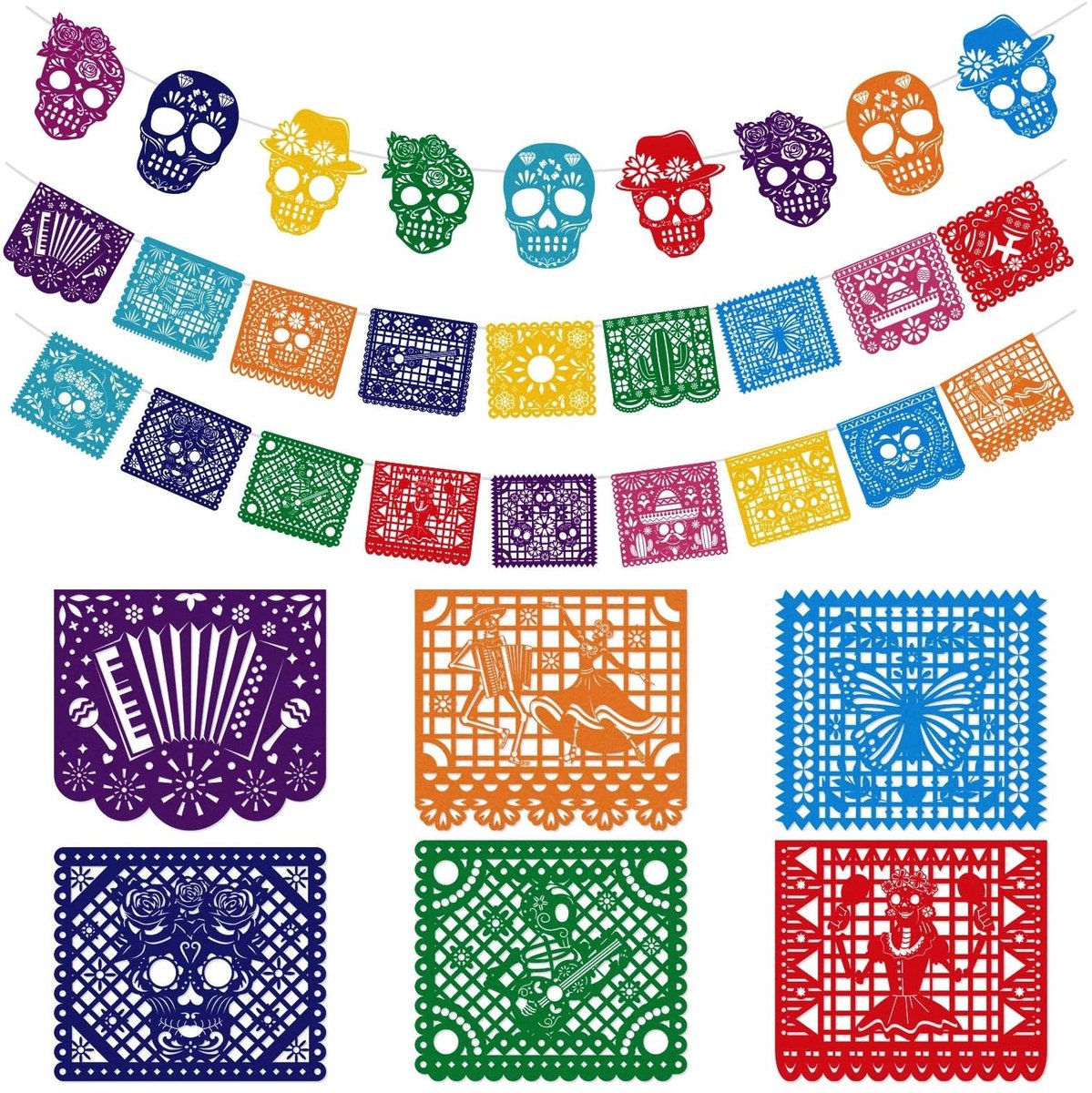 Dailygoods- Banner 27 Ft - Vilt Dag van de Doden Decoratie - Mexicaanse Feestdecoratie - Sugar Skull Bunting - Lichtgewicht/Duurzaam - Ideaal voor Halloween