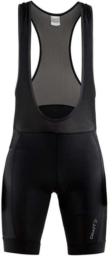 Zwarte fietsbibshort met brede schouderbanden.