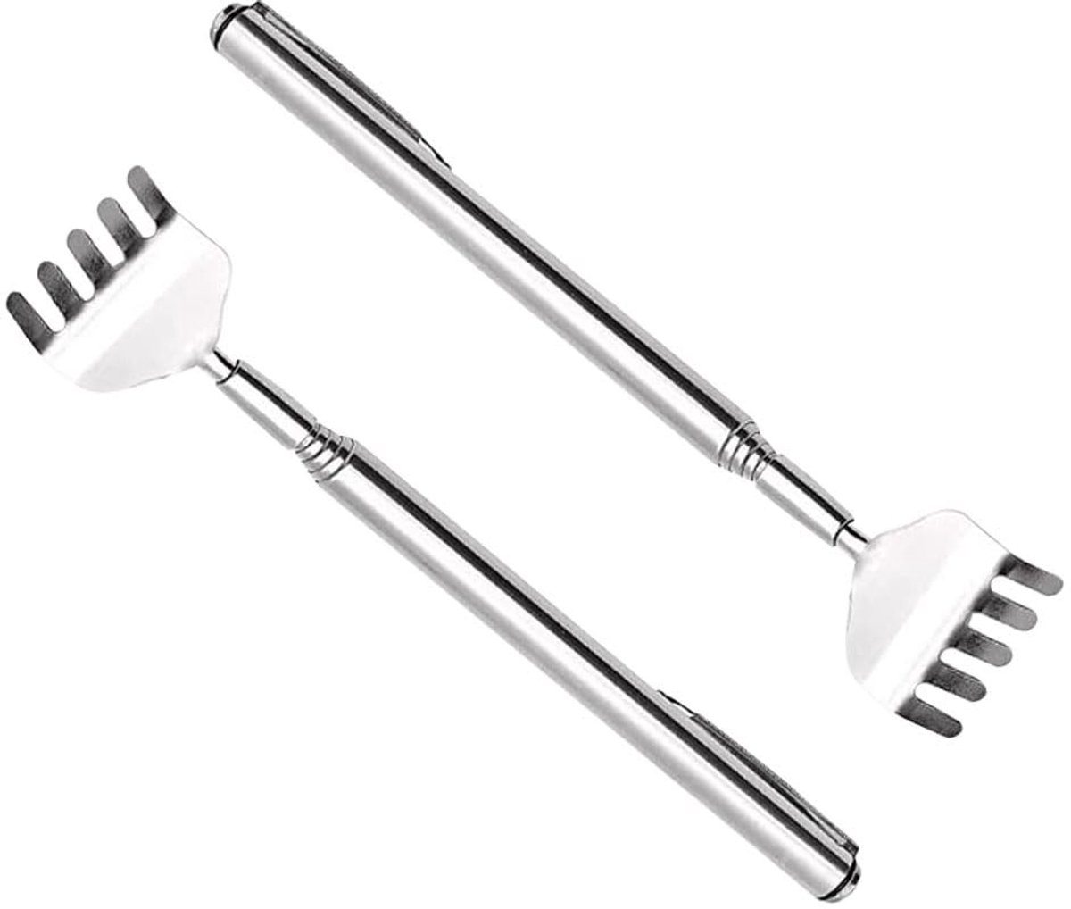 Dailygoods- Rugkrabber Roestvrij Staal - Telescopische Rugkrabber - Draagbare Uitschuifbare Rugmassager - 2 Stuks - Handvormig Ontwerp - Comfortabel en Duurzaam