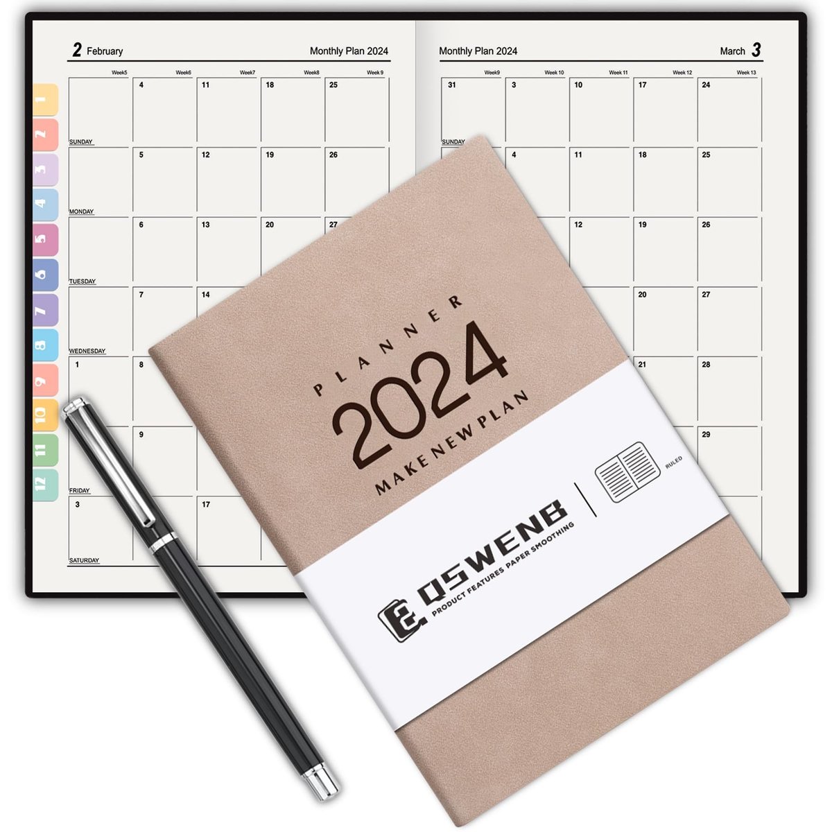 Dailygoods- Weekplanner 2024 - Verticaal A5 - Geel Papier 100 g/m² - Maandkaart - Penhouder - Binnenzak - Vaste Omslag PU-leer - Plannertje