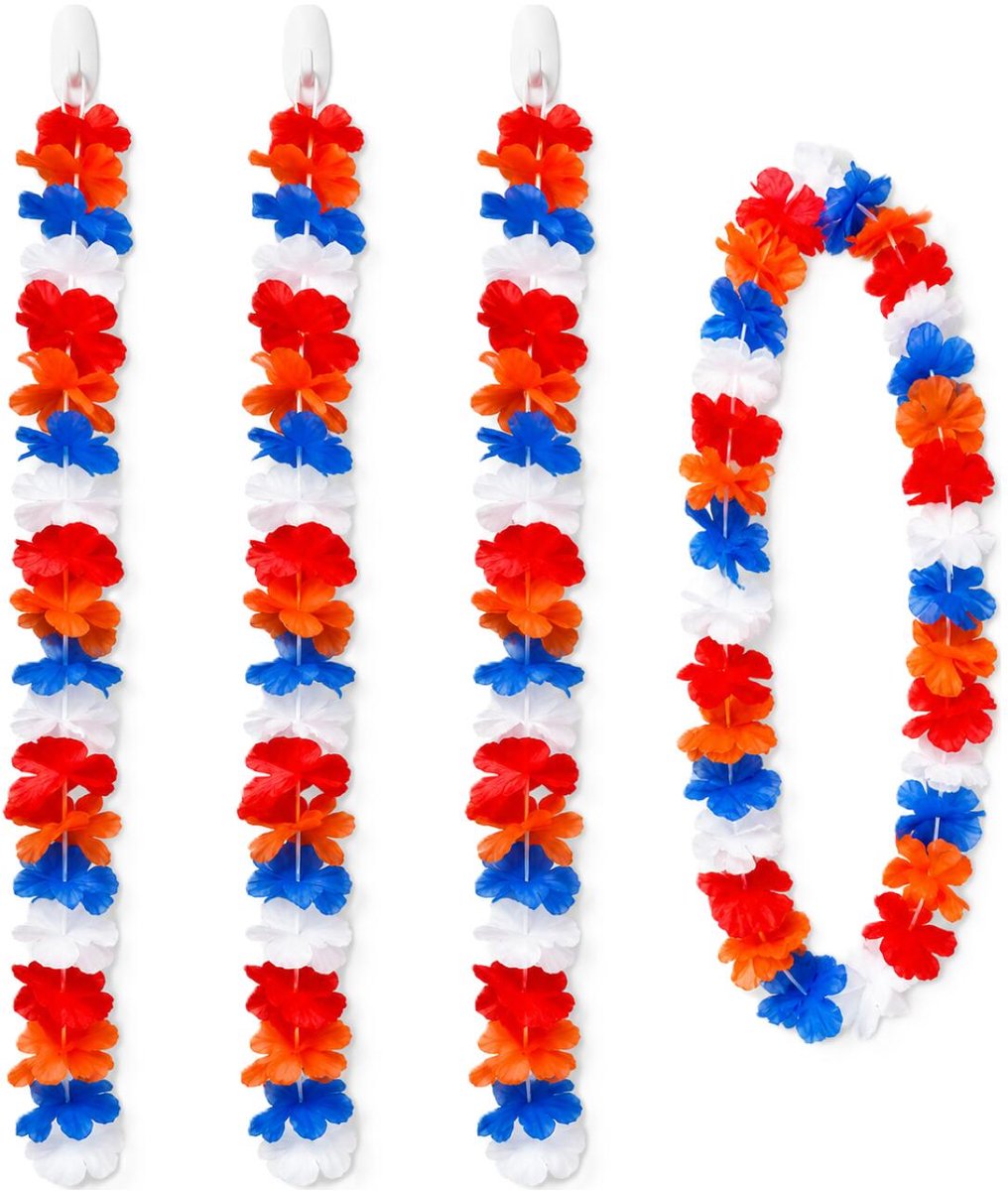PartyXplosion Hawaii krans slinger - 4x - 100 cm - rood wit blauw en oranje kleuren mix - Carnaval - Themafeest