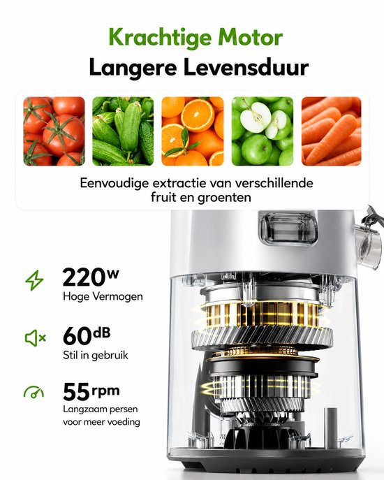 Seth Select Slowjuicer met 135 mm Vulopening - Koudedrukpers 220W met Drievoudig Filtersysteem - 0,7 Liter voor Fruit en Groenten - Zwart — afbeelding 3