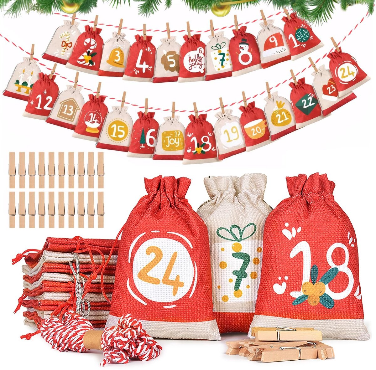 Dailygoods - Adventskalender zum Befullen,Weihnachtskalender 24 Stoffbeutel Adventskalender zum Befullen kinder,Adventskalender 2024 zum befullen