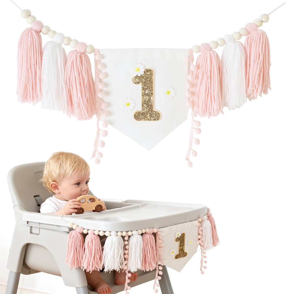 Dailygoods- Hoge Stoel Banner Roze - Feestdecoratie - Verjaardagsdecoratie - Vintage Linnen Slinger - Madeliefjespatroon - 1 Jaar - Verjaardagsbanner
