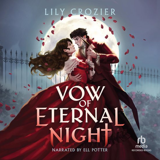 Een man in een rood kostuum danst met een vrouw in een rode jurk onder een volle maan, met rozenblaadjes die naar beneden dwarrelen.