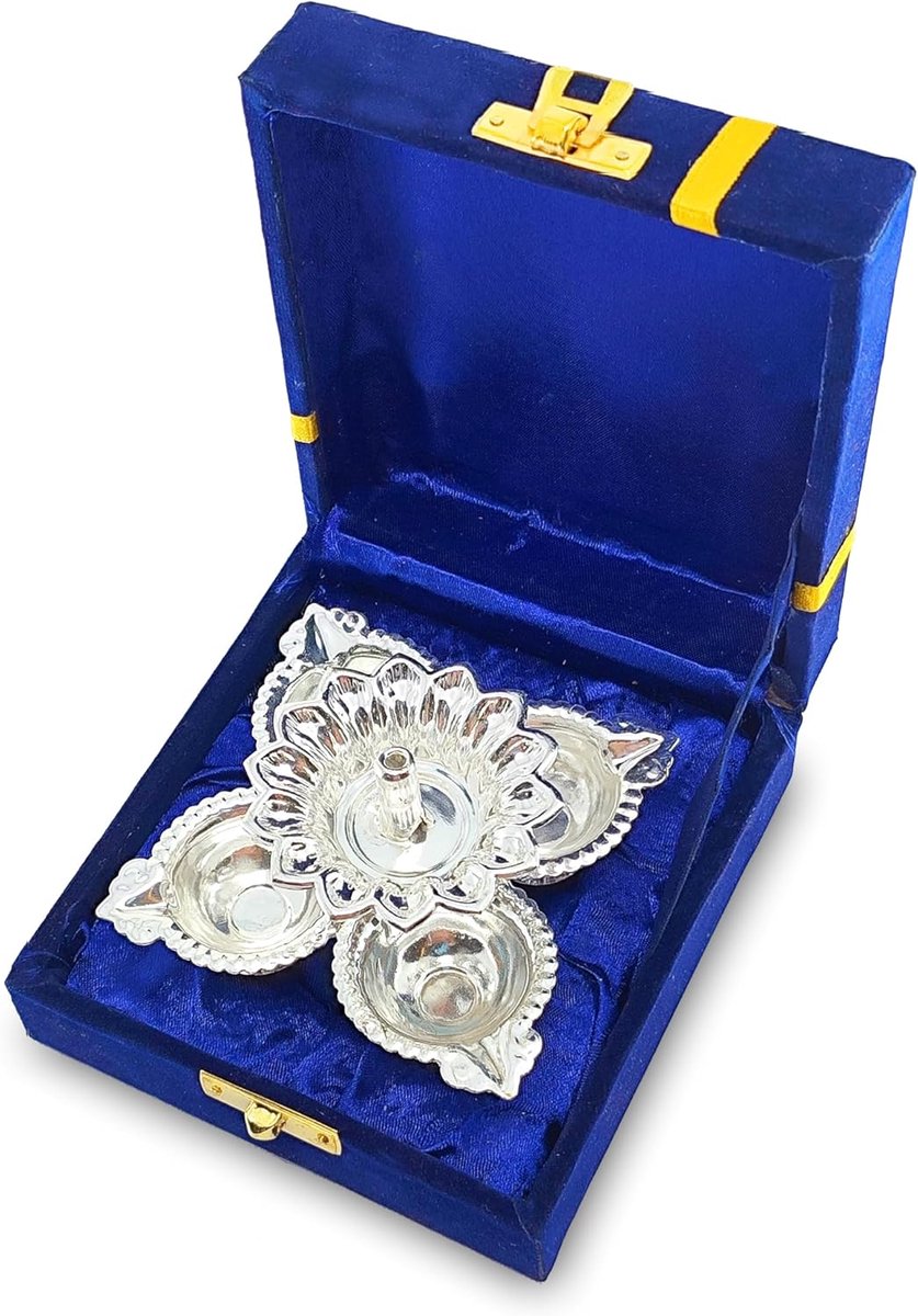 Zilverkleurige Olie Lamp - Panchmukhi Dia - Religieuze Ceremonie - Met Geschenkdoos - 8.5 cm - Zilver