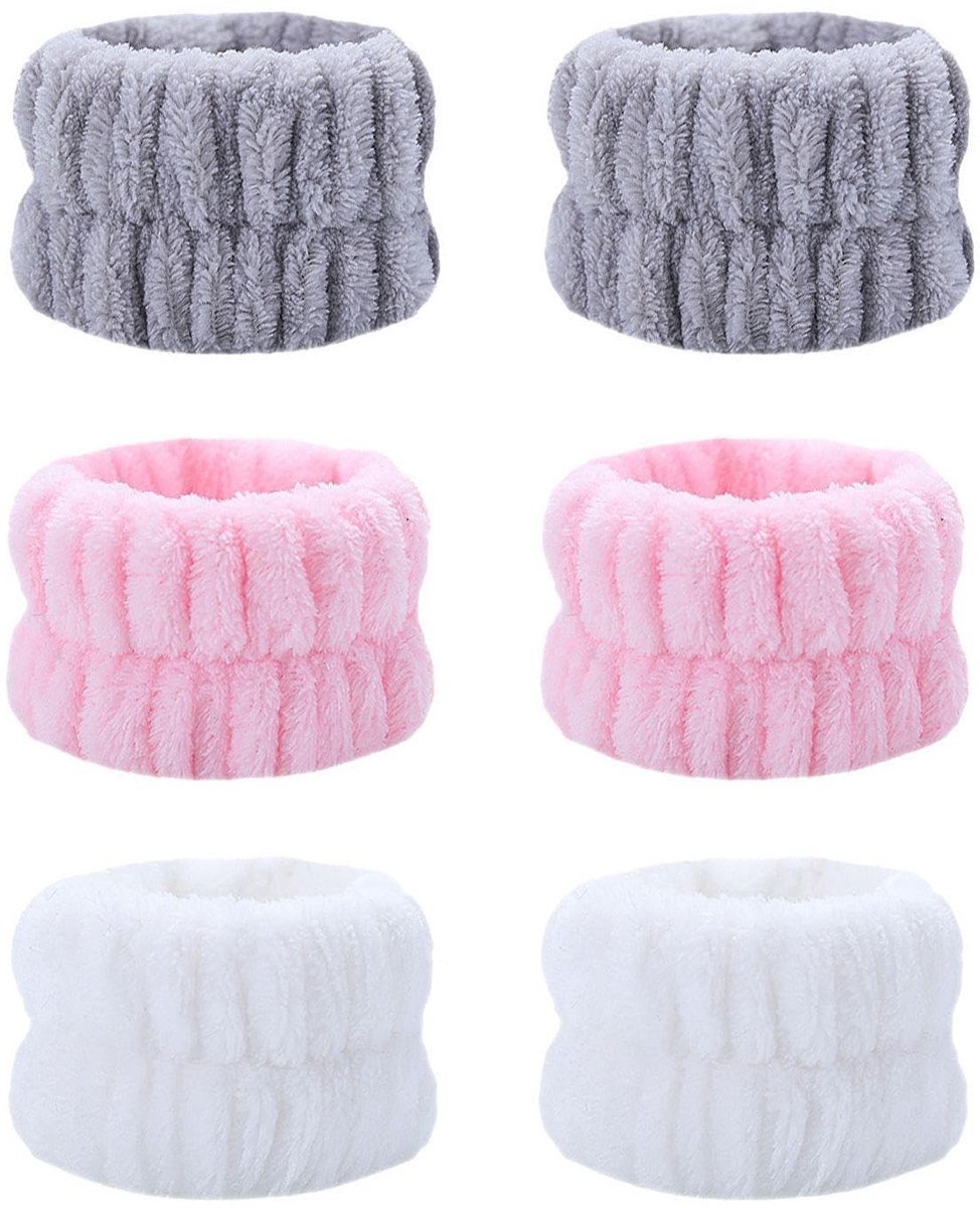 Dailygoods- Gezicht Wassen Armband 6 Stuks - Vochtbestendig - Microvezel - Koraalfluweel - Waterabsorberend - Veelkleurig Ontwerp - Wasband
