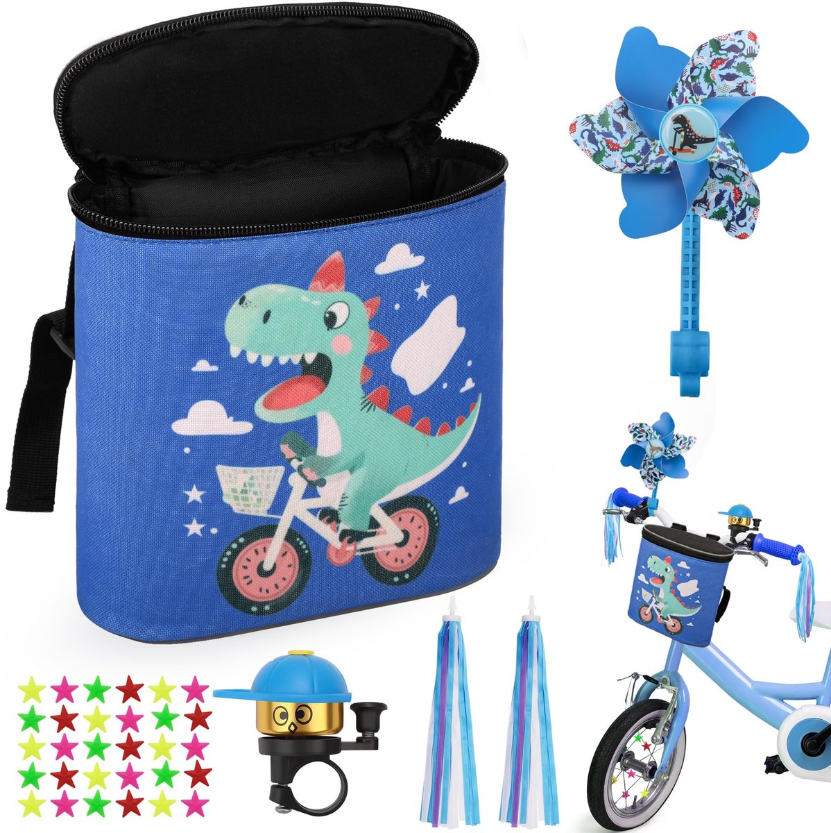 Dailygoods- Stuurtas Kinderen Alles-in-één Set - Fietstas - Windmolentje - Stuurstreamers - Fietsbel - Verstelbare Riemen