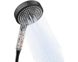 Dailygoods - OFFO gefilterde douchekop, 6 straalsoorten, Groot, Waterbesparend, Met 1.6m slang, Helder handvat met Zwart deksel, Mat Zwart