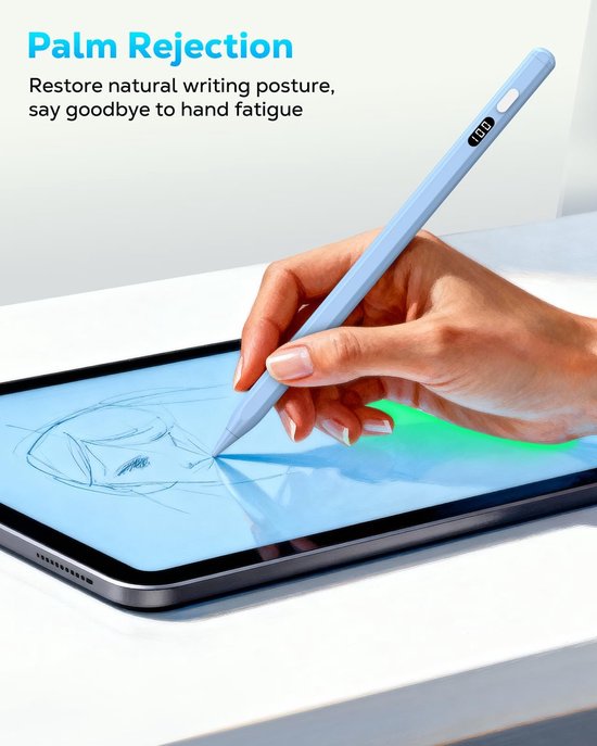 Dailygoods - MoKo Stylus Pen for iPad 2018-2026, USB-C Fast Charging Pencil with LED Power Display Tilt Sensitivity for Apple iPad A16/11/10/9/8/7/6, Air 7/6/5/4/3/M3/M2, Pro 13"/12.9"/11"/M4, Mini 7/6/5, Blue — afbeelding 4