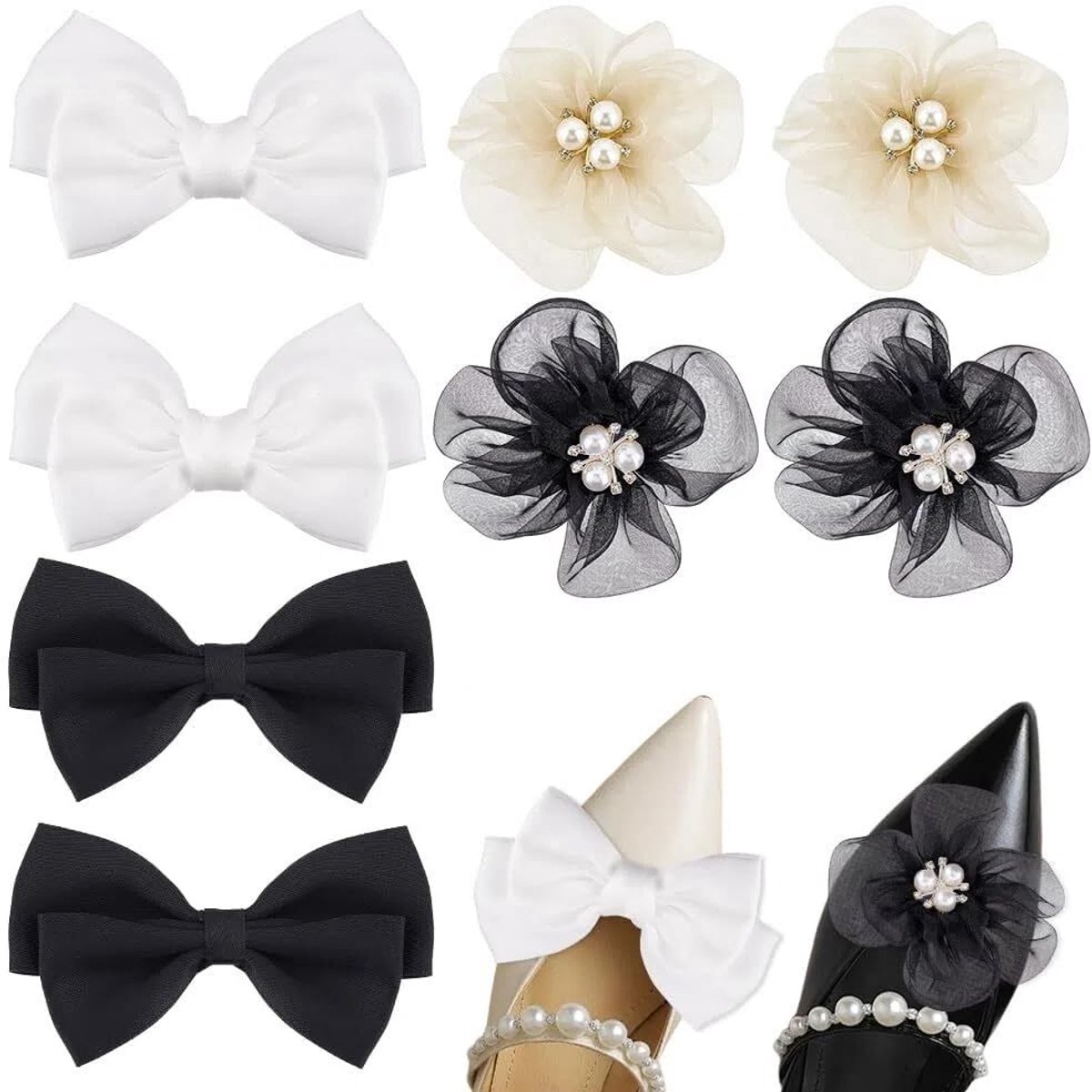Dailygoods- Schoenklemmen 8 Stuks - Decoratieve Schoenclips - Imitatie Parel - Bloemen/Strik - Diverse Stijlen - Geschikt voor Hakken/Flats