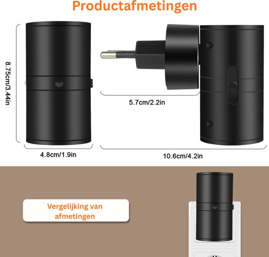 Afmetingen van een zwarte stekkerlamp: 8,75 cm hoog, 4,8 cm breed. Met stekker: 10,6 cm lang, 5,7 cm breed. Vergelijking met stopcontact.