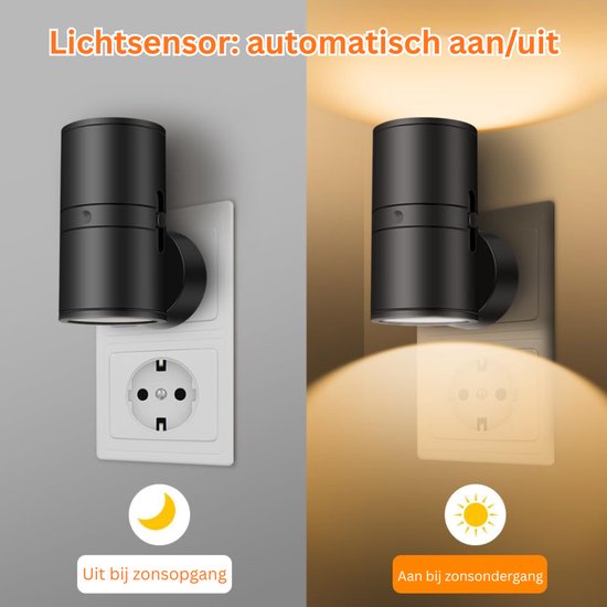 Zwarte stekkerlamp toont functie automatisch aan/uit bij zonsondergang en zonsopgang.