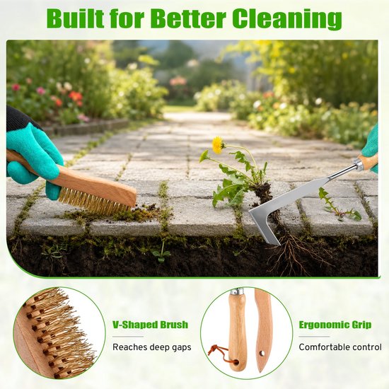 Dailygoods- Onkruidverwijderingsset 2-in-1 - Tuingereedschapset - Terrasborstel - Onkruidtrekker - Houten handvat - Ergonomisch ontwerp - Tuingereedschap van Dailygoods — afbeelding 3