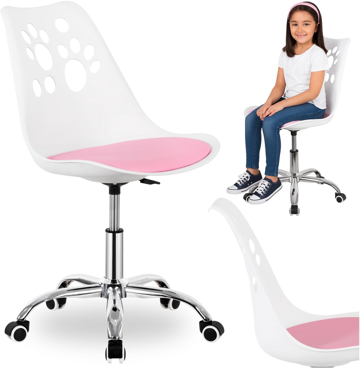 Dailygoods- Bureaustoel Ergonomisch - In Hoogte Verstelbaar - Draaistoel Kind - Bureaustoel voor Kinderen - Wieltjes - Wit-Roze Kussens - Kinderstoel