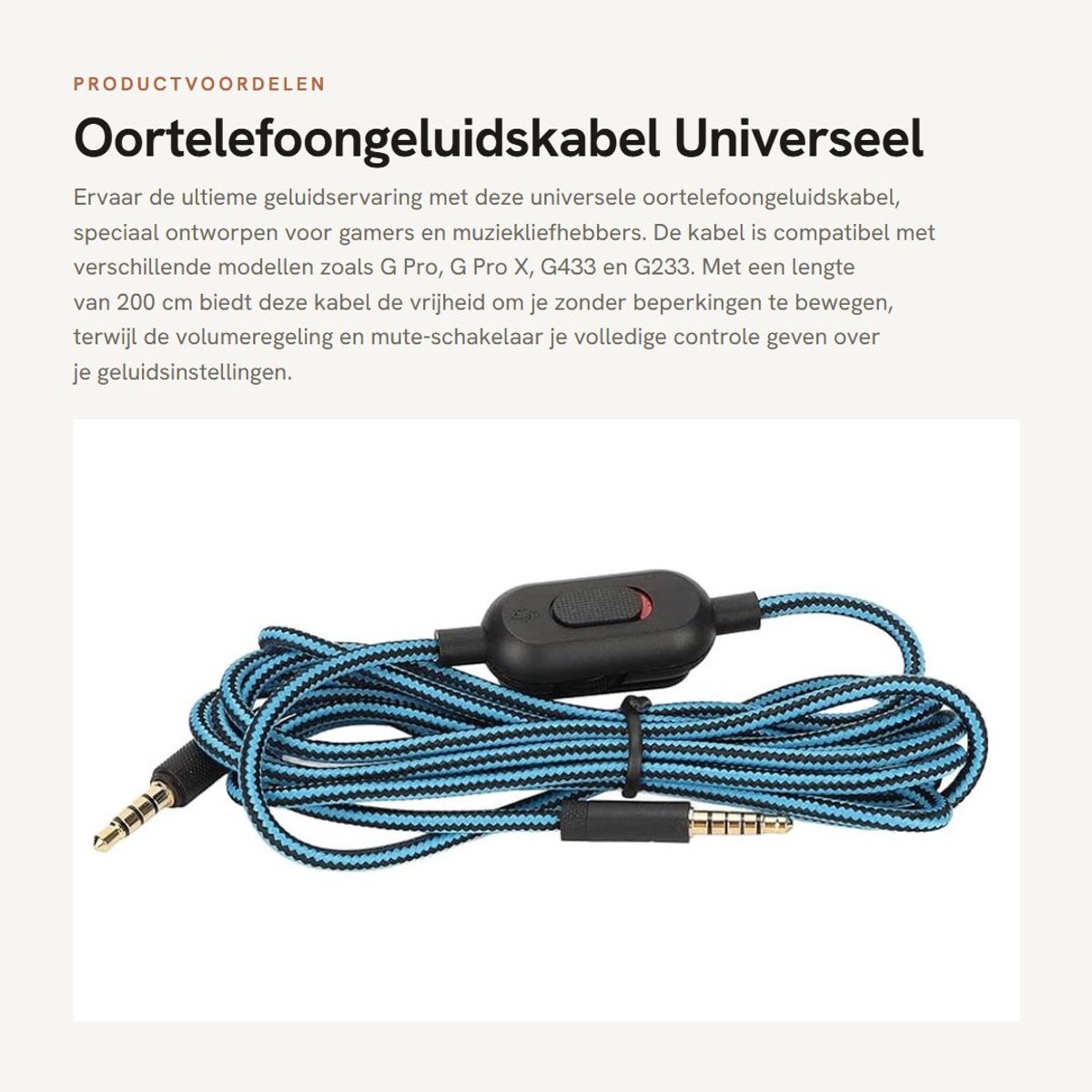 Dailygoods - Oortelefoongeluidskabel - Universeel Oortelefoonsnoer - Met Volumeregeling - Blauw - Geschikt voor G Pro G Pro X G433 G233 - 200 cm