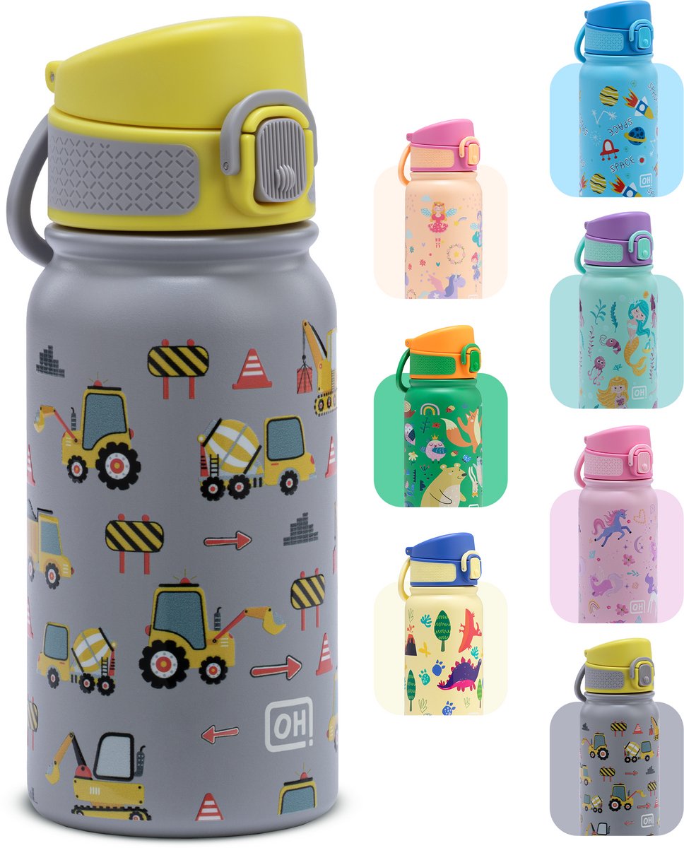BentOH! RVS Waterfles 350ml voor Kinderen - Trucks - Anti-overloop & Lekvrij – Met Eén Hand te Openen – BPA-vrij & Vaatwasserbestendig