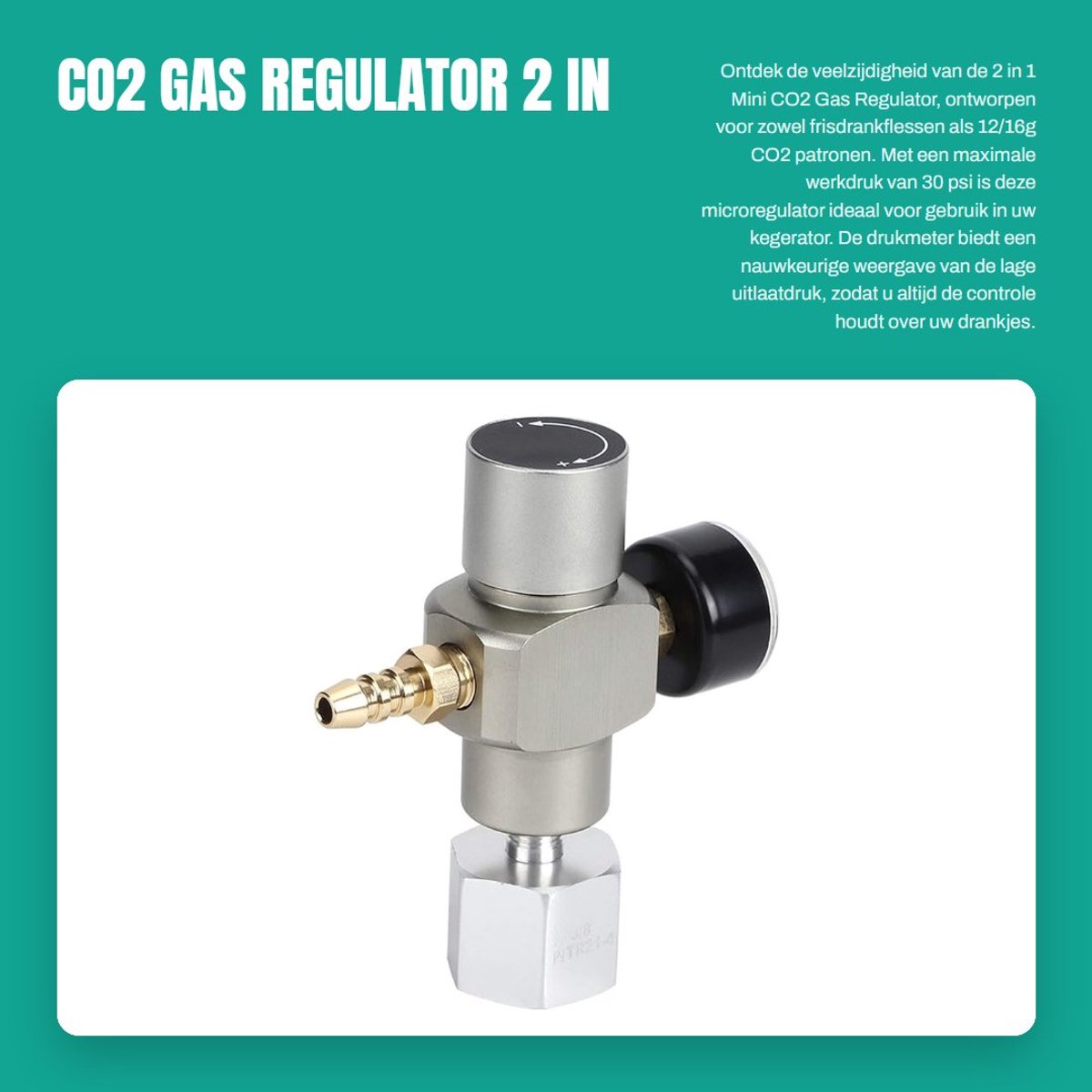 Dailygoods - CO2 Gasregelaar - 2 in 1 Mini - 30 psi Soda Manometer - Adapter 3/8in naar TR21.4 - Geschikt voor Bier Kegerator