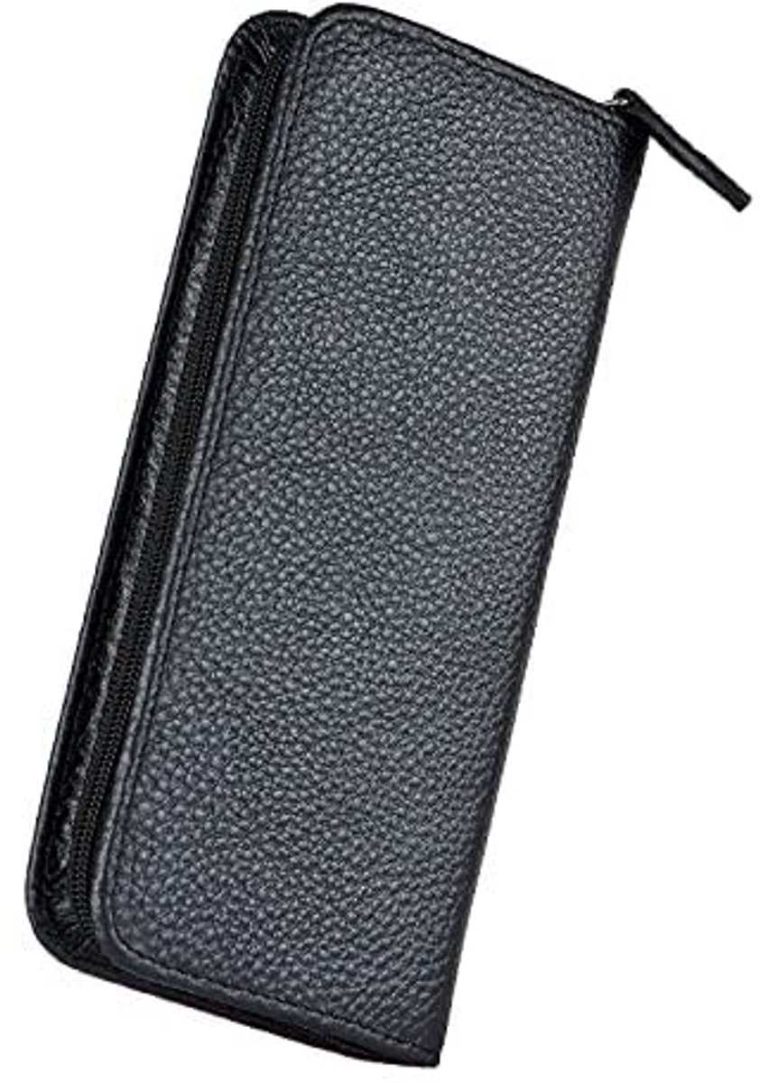 Dailygoods - Zwarte echt lederen vulpen case, 3 verdeelde slots, rits pen case pouch, handgemaakte display houder voor rollerball pen
