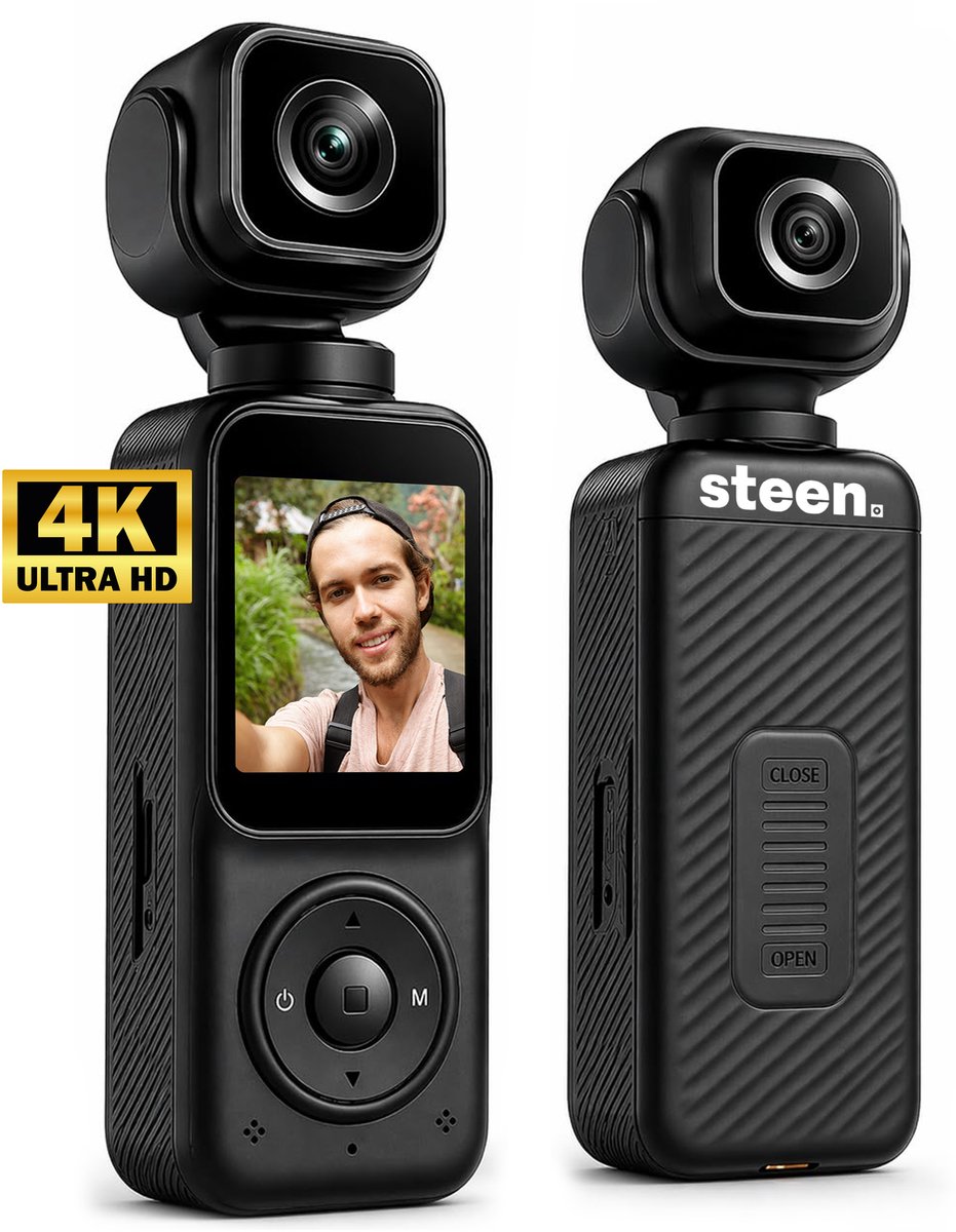 Steen Dual Action Camera 4K – Mini Camera – Pocket Camera – Vlog Camera Camcorder – Dubbele Camera – Inclusief 32GB SD-kaart