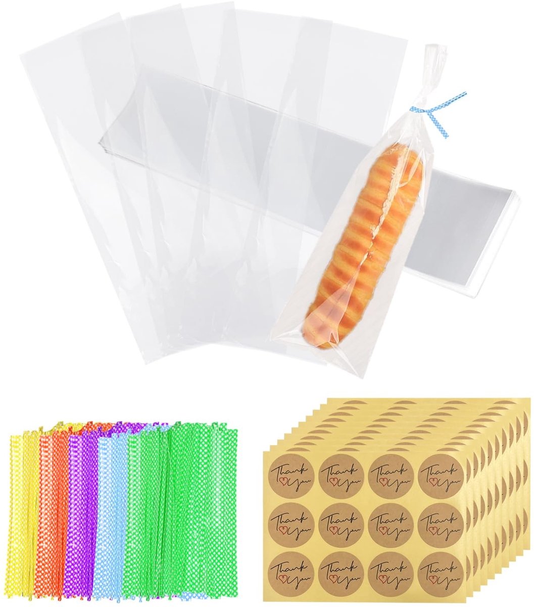 Dailygoods- Cadeauzakjes 200 stuks - Transparante Snoepzakjes - Zelfklevend - Bindtouwen in Kleuren - Rundleer Sticker - 25 x 5 cm
