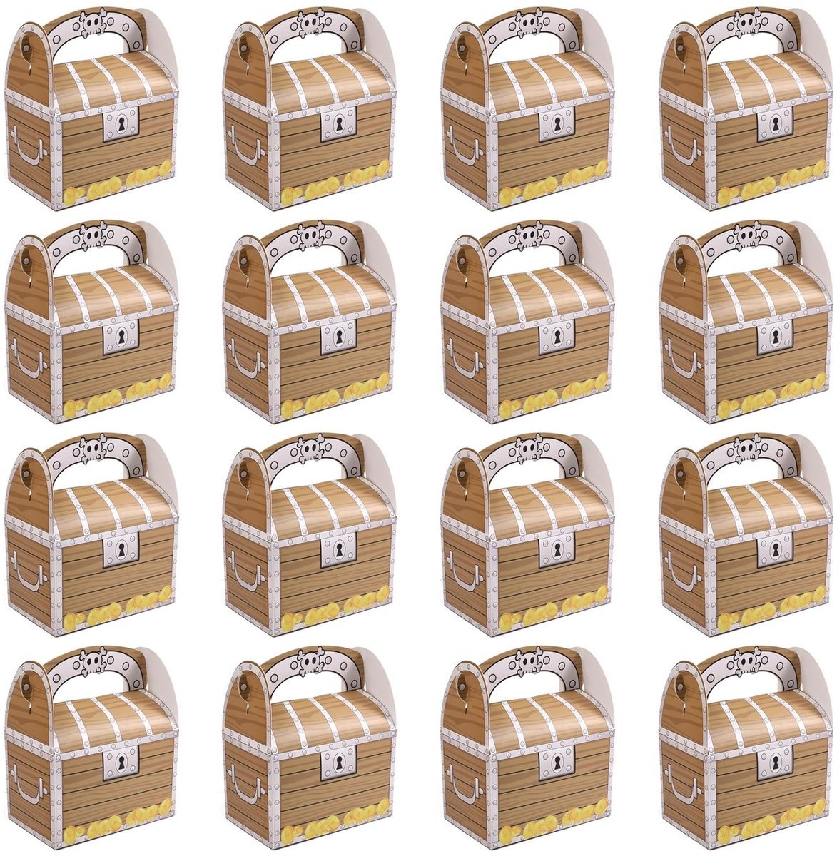 Dailygoods- Piratenschatkisten Set van 16 - Cadeaudozen met deksel - Voor Kinderverjaardag - Piratenfeest - Weggeefcadeautje - Veilig Materiaal