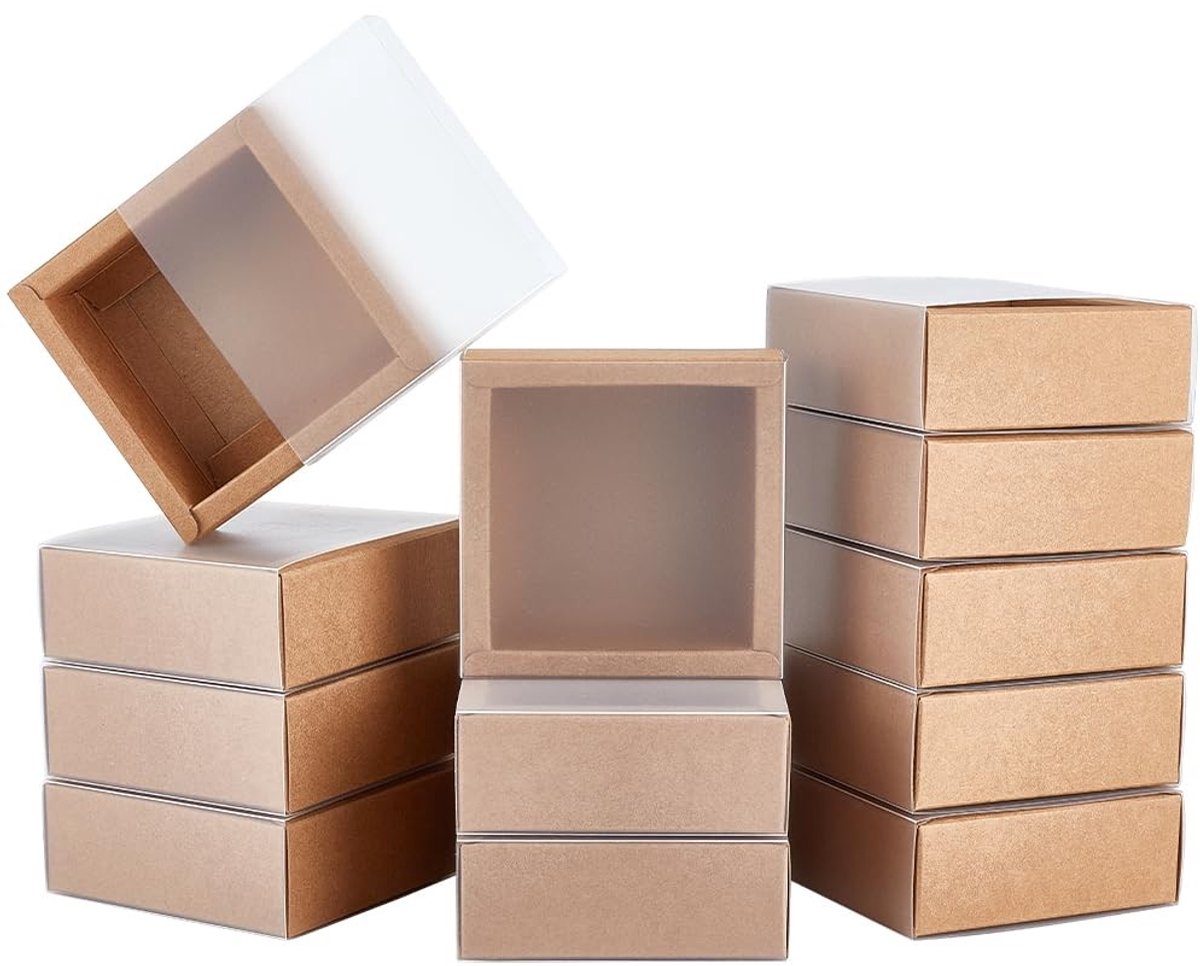 Dailygoods- Geschenkdozen met deksel - 16 Stuks - Kraftpapier - Bruin/Zwart - PVC-venster - 9,7 x 9,7 x 3,75 cm - Cadeaudozen