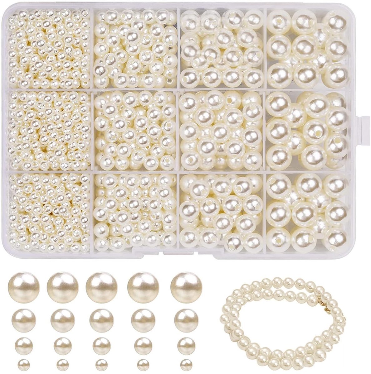 Dailygoods- Kunstkralen 1320 Stuks - Knutselkralen 4/6/8/10 mm - Ronde Kralen voor Sieraden - Kunstparels - Duurzaam ABS - Glad Oppervlak - Sieradenkralen