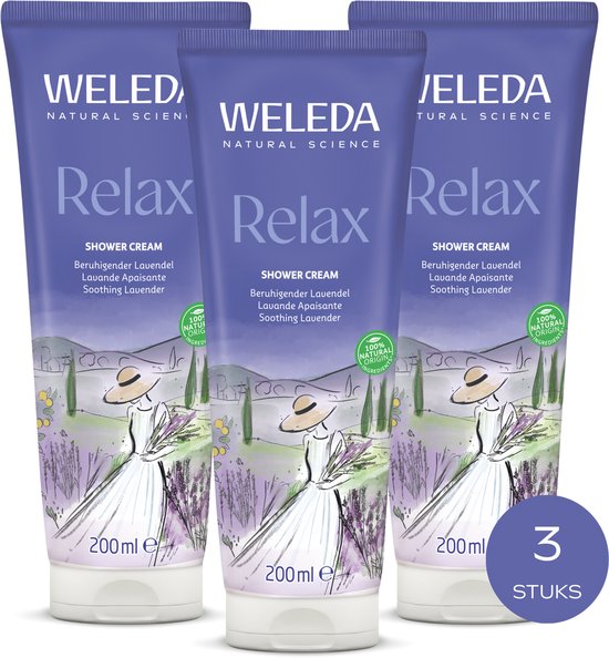 Trois tubes violets de Weleda Relax Shower Cream avec un dessin paysager, indiquant « 3 PIÈCES ».