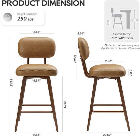 Afmetingen van bruine PU-leren barkruk. "Product Dimension" tekst, zithoogte 25.91", geschikte tafelhoogte 35"-40".