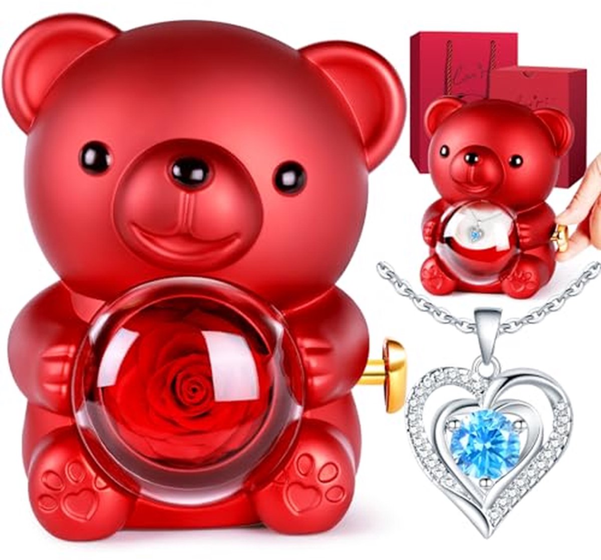 Rozenbeer Cadeau - Eeuwig Rozen - Romantisch Gebaar - Draaiende Doos - 11x12x16 cm - Rood