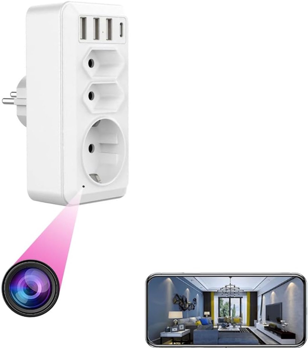 Verborgen Camera Adapter - Wandcontact - Binnenhuis Toezicht - Met Nachtzicht - 3 USB Poorten - Wit