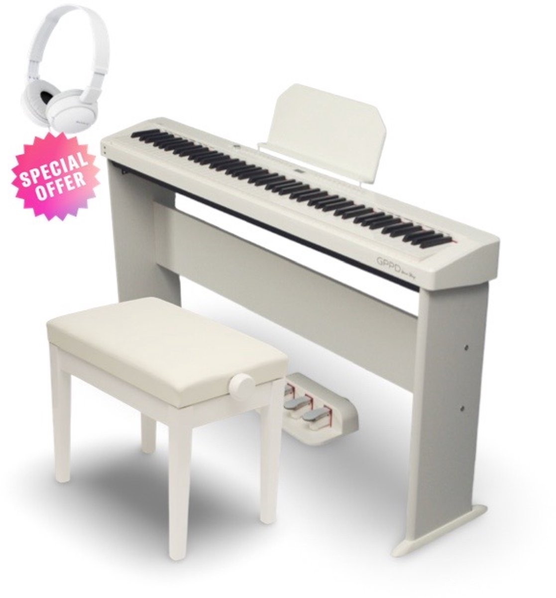 Digitale piano package GPPD Home Stage C8 – Wit met hoofdtelefoon en verstelbare bank