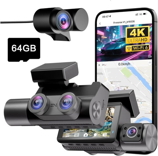Dashcam Auto - 3 Kanaals Camera - Verkeerssituaties Vastleggen - 4K UHD Nachtzicht - 64GB Inclusief - Zwart