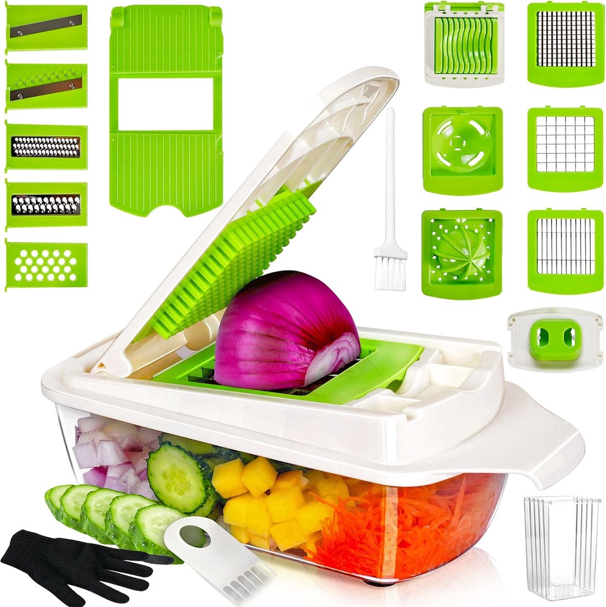Multifunctionele Keukenhulp - Groentesnijder Mandoline - Maaltijd Voorbereiding - 19-in-1 Functies - 1.3 Liter - Groen Wit