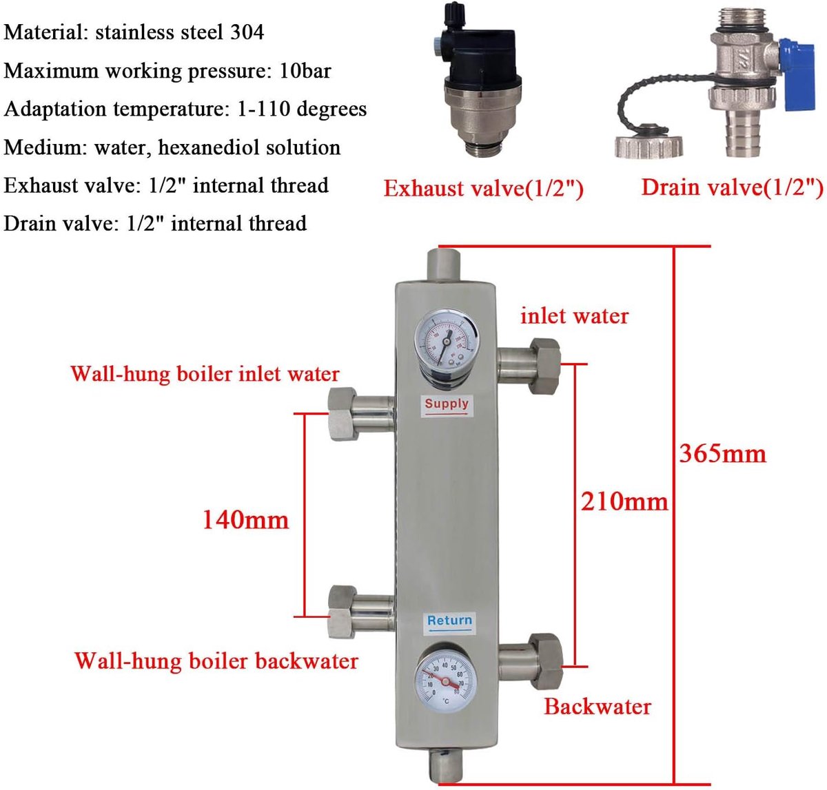Verdeler Balansfles - Vloerverwarming Hydraulisch - Centrale Verwarming - Roestvrij Staal - DN25 3/4 Inch - Zilver