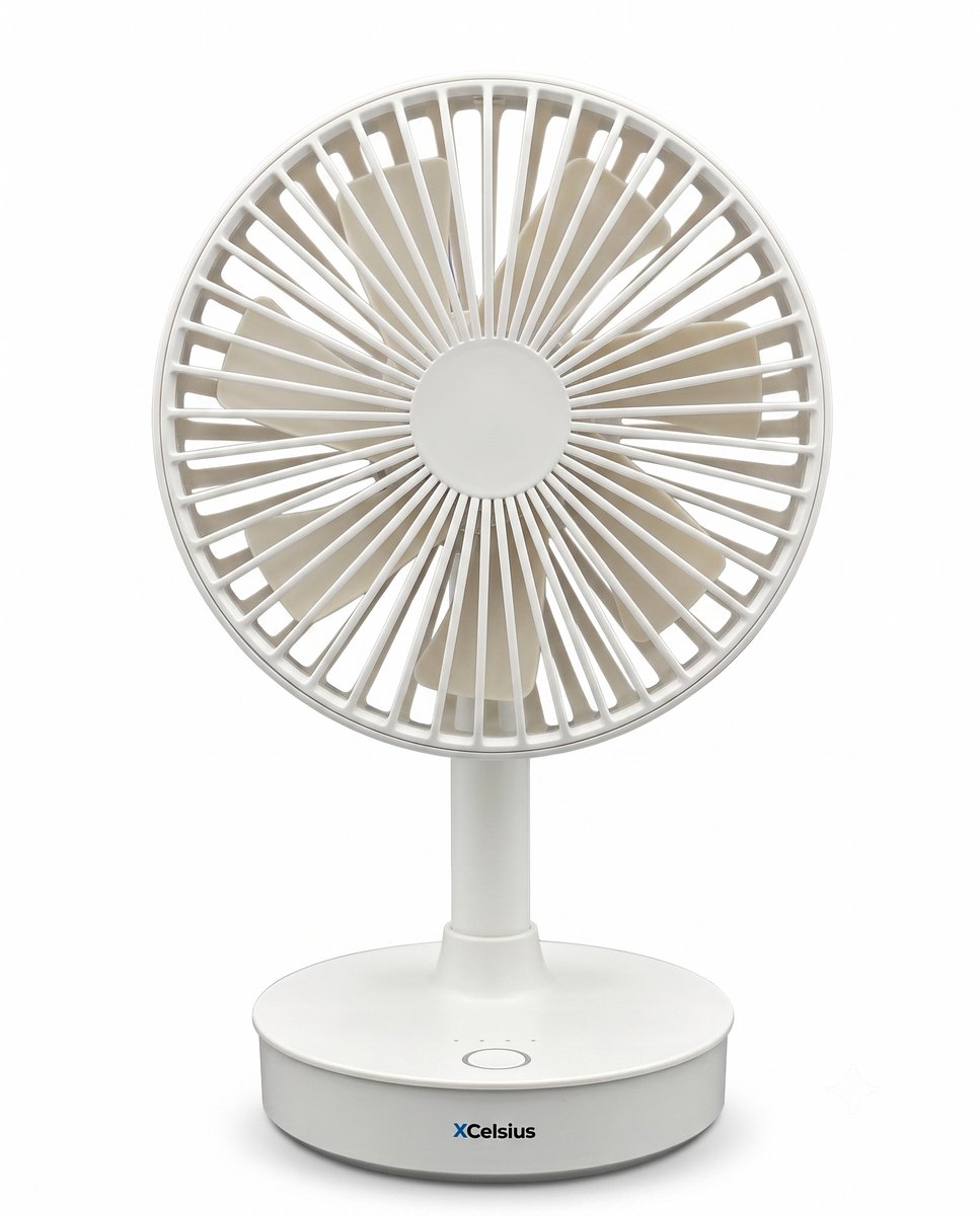XCelsius® Tafelventilator Draadloos - Ventilator voor Bureau, Tafel en Werkplek - Oplaadbaar met USB-C - 4 Snelheden - Oscillerende Modus - Kantelbaar - Tijdens opladen gebruiken - Wit