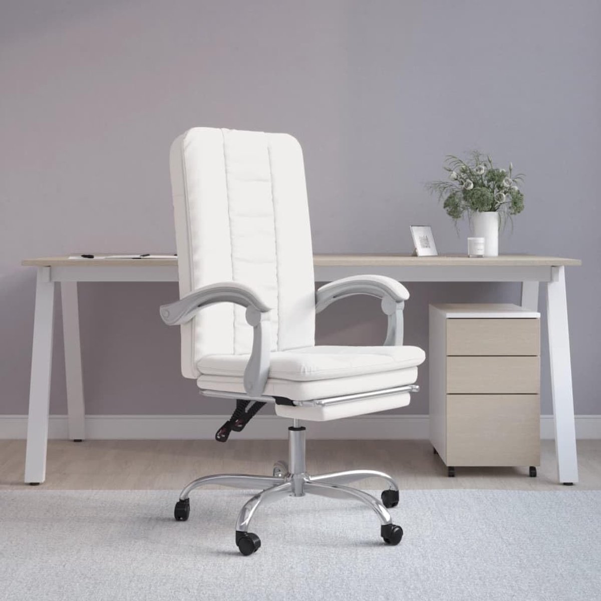 Draaistoel met wieltjes - Bureaustoel ligfunctie - Comfortabel werken - Verstelbare rugleuning - 51 x 44 cm - Wit